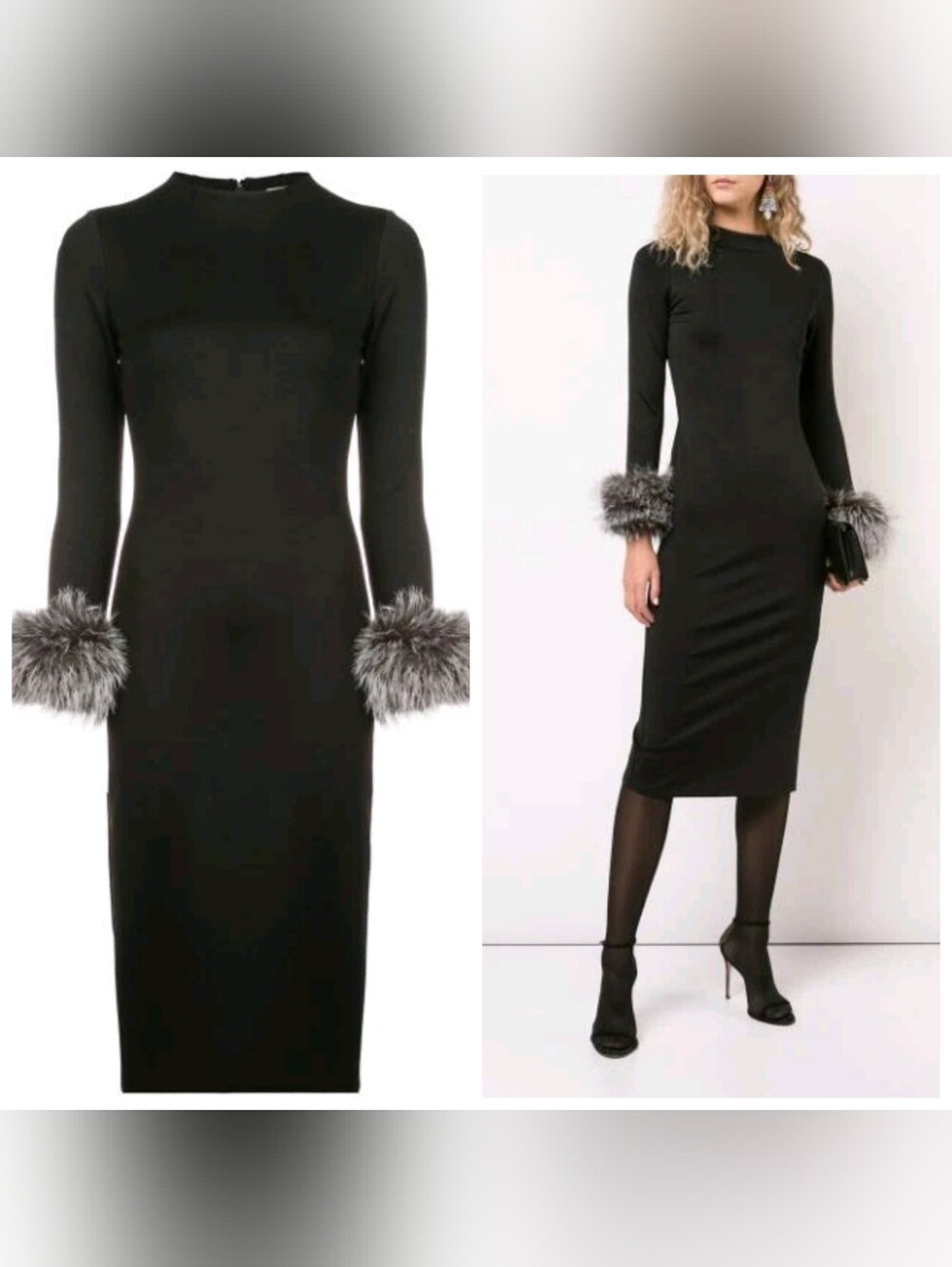 ALICE + OLIVIA Delora Fox Fur-cuff Sleeve Black Midi Dress. Size 4